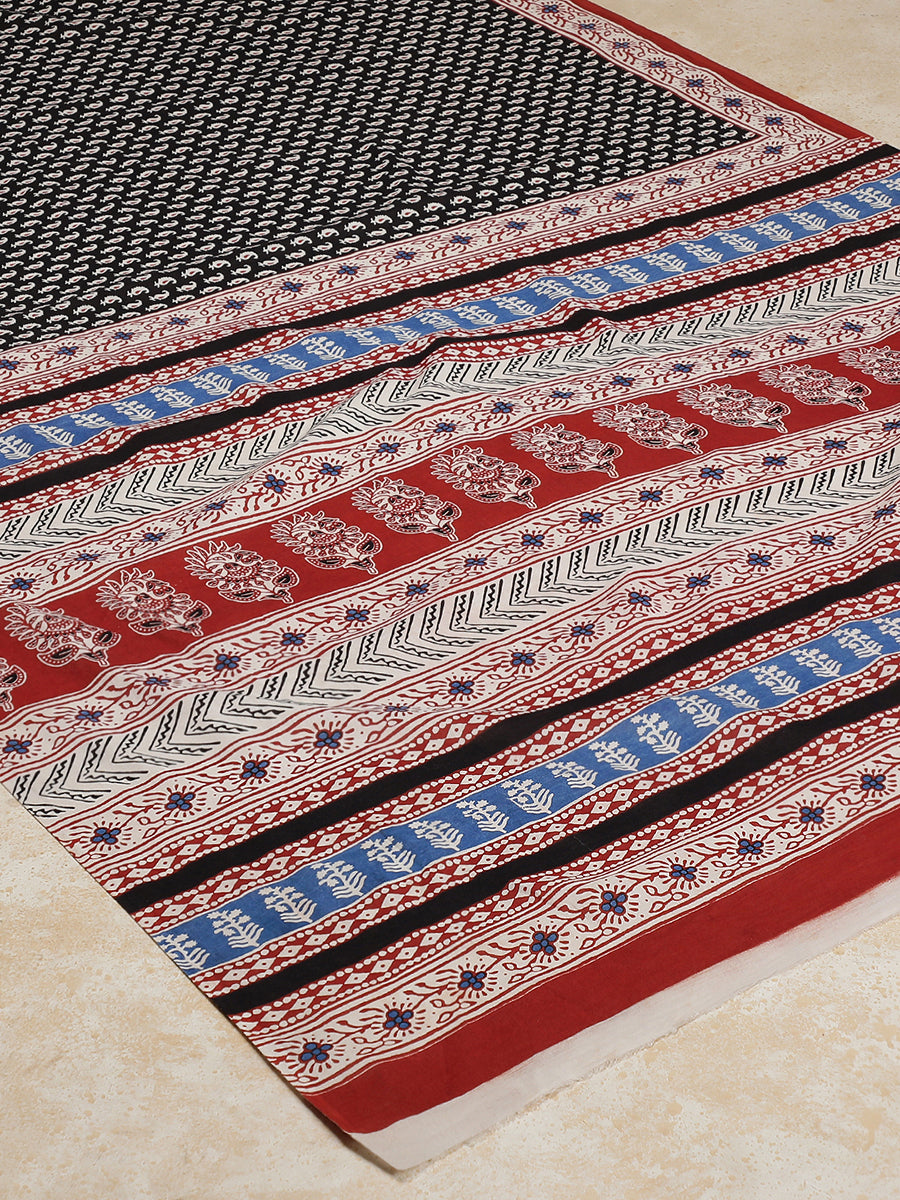Black Paisley Handblock Printed Mulmul Saree, in Black 100% Cotton, made for daily & work (view 2).