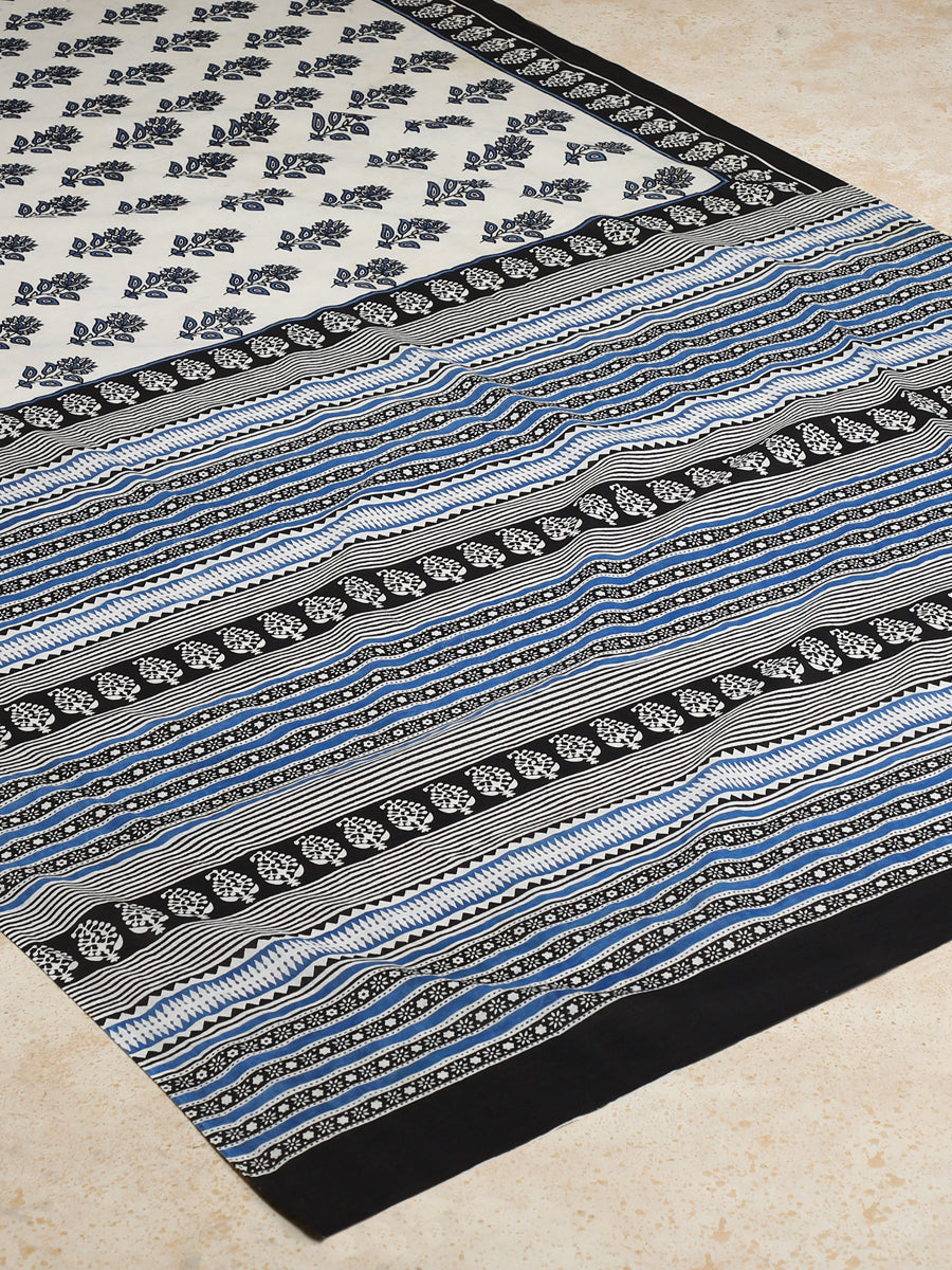 Blue & White Handblock Printed Vanspati Mulmul Saree, in White 100% Cotton, made for daily & work (view 2).