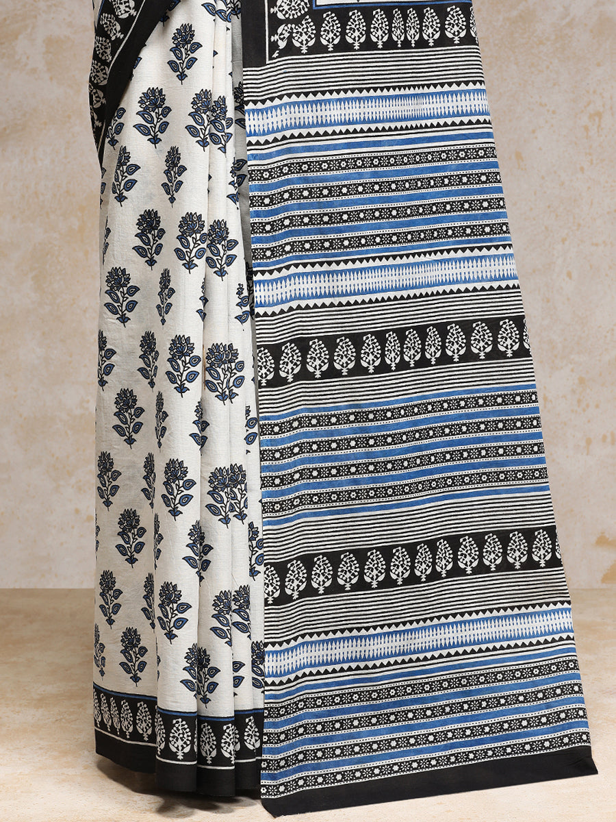 Blue & White Handblock Printed Vanspati Mulmul Saree, in White 100% Cotton, made for daily & work (view 4).