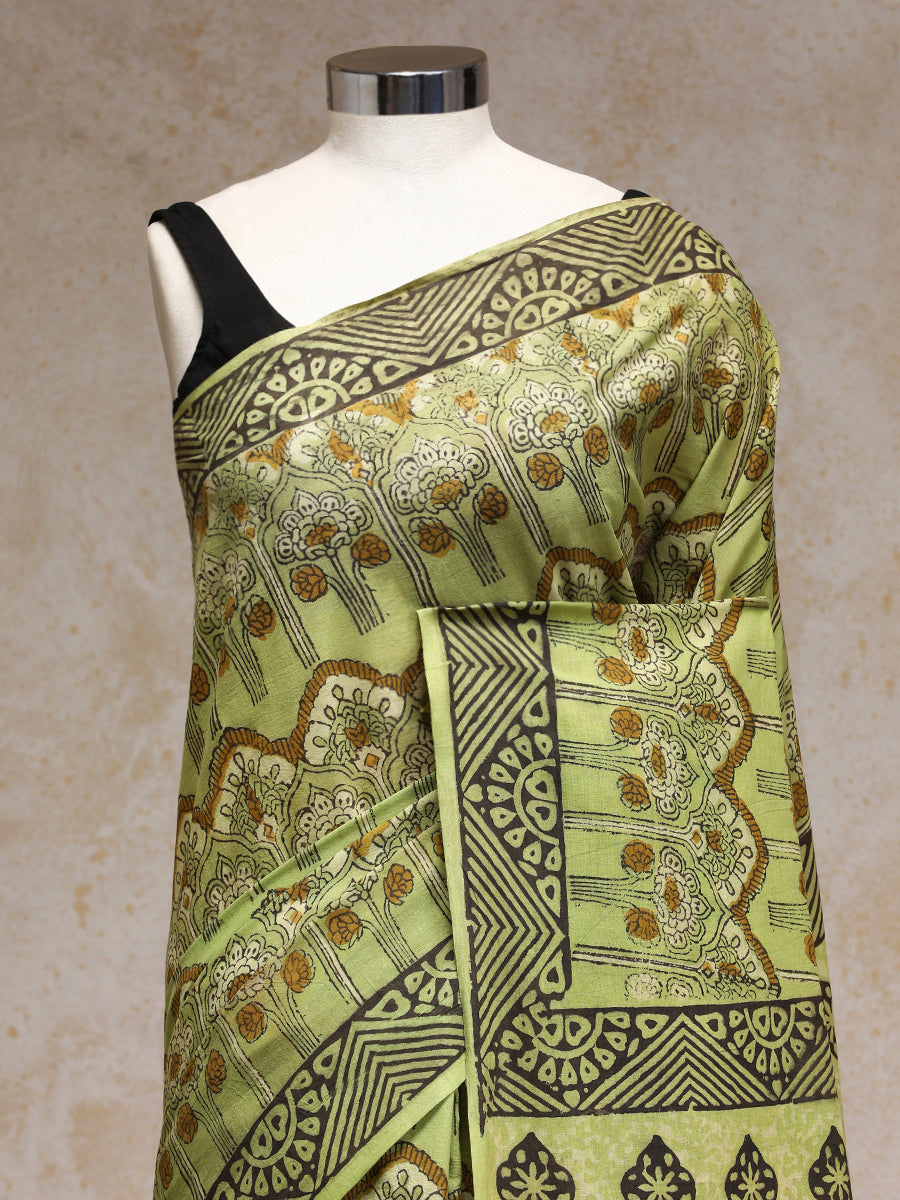 Sage Green Handblock Printed Ajrakh Mulmul Saree, in Green 100% Cotton, made for daily & work (view 2).
