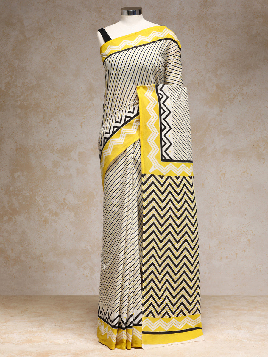 White & Yellow Handblock Printed Diagonal Striped Chevron Mulmul Saree, in White 100% Cotton, made for daily & work.