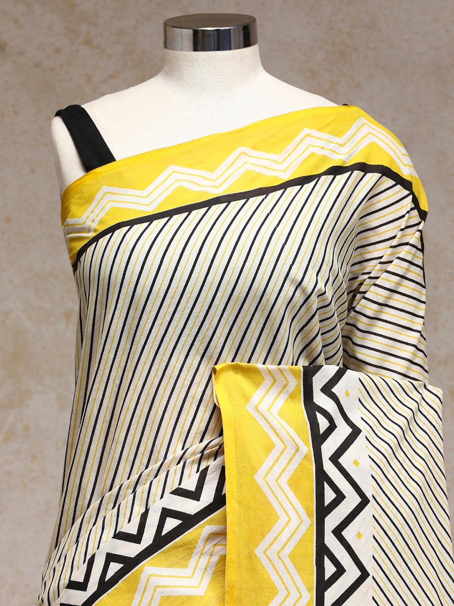 White & Yellow Handblock Printed Diagonal Striped Chevron Mulmul Saree, in White 100% Cotton, made for daily & work (view 3).