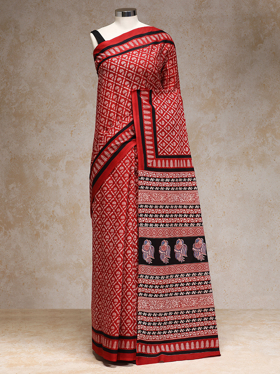 Mulberry Red Handblock Printed Floral Jaal Mulmul Saree, in Red 100% Cotton, made for daily & work.