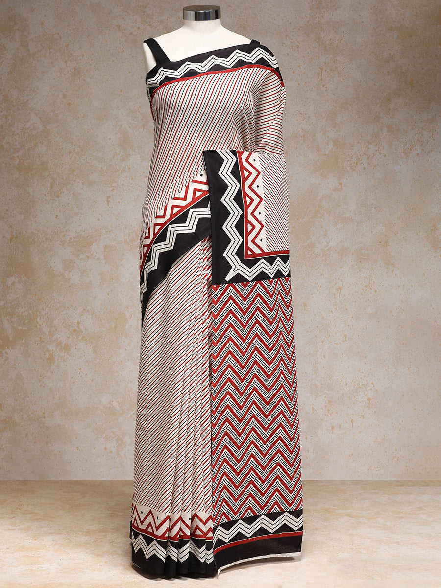 Red & White Handblock Printed Diagonal Striped Chevron Mulmul Saree, in White 100% Cotton, made for daily & work.