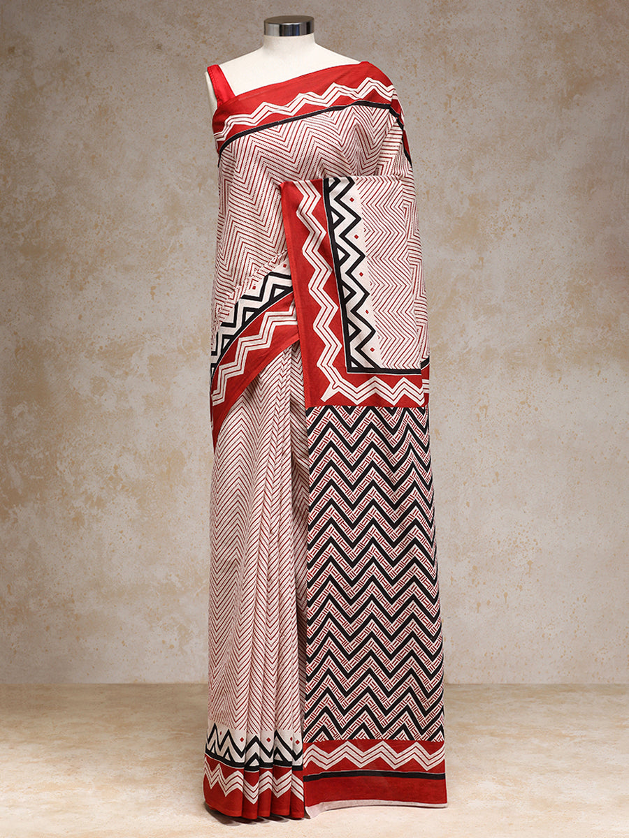 Red Handblock Printed Chevron Zigzag Dotted Mulmul Saree, in White 100% Cotton, made for daily & work.