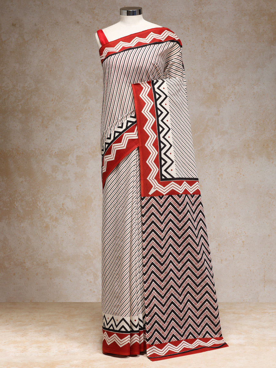 Red & Black Handblock Printed Diagonal Striped Mulmul Saree