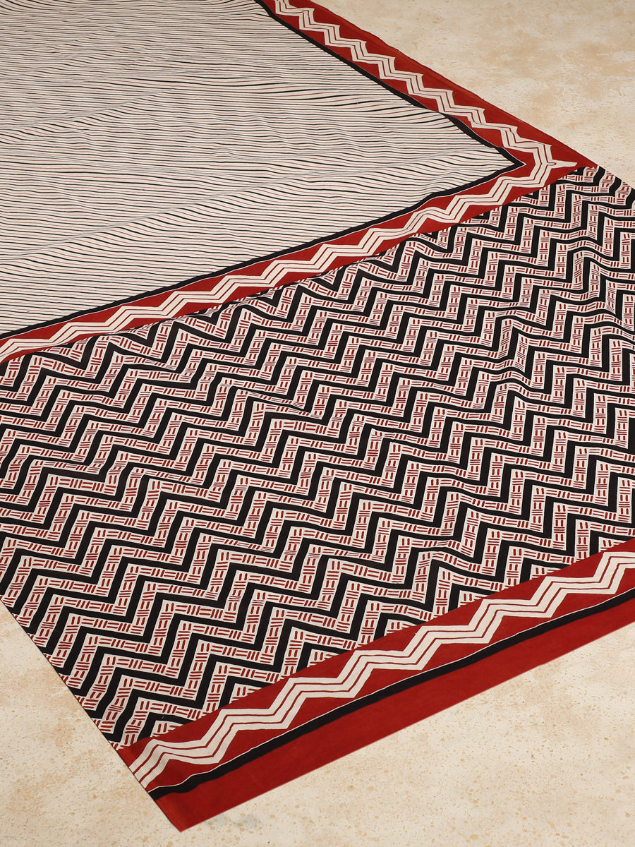 Red & Black Handblock Printed Diagonal Striped Mulmul Saree, in White 100% Cotton, made for daily & work (view 2).