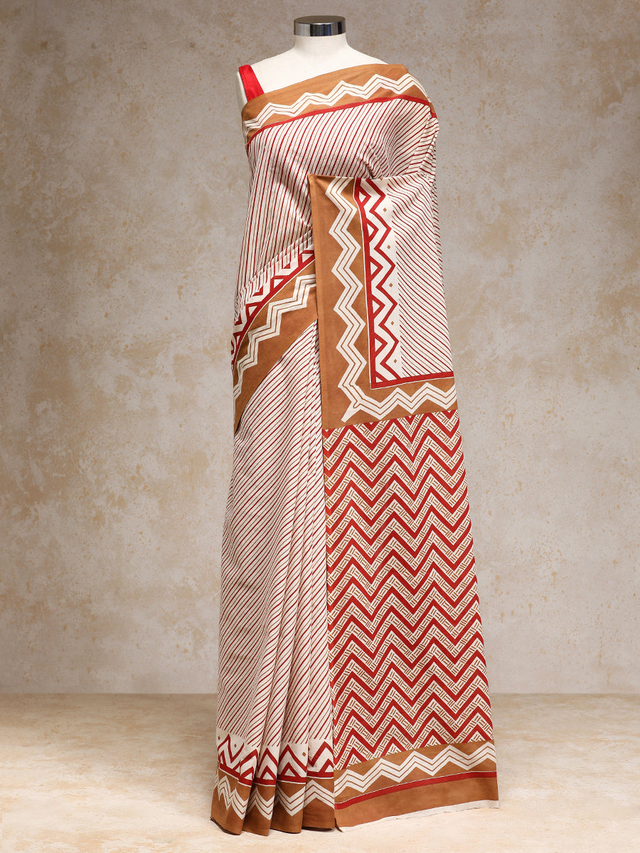 Red & Brown Handblock Printed Diagonal Striped Chevron Mulmul Saree, in White 100% Cotton, made for daily & work.