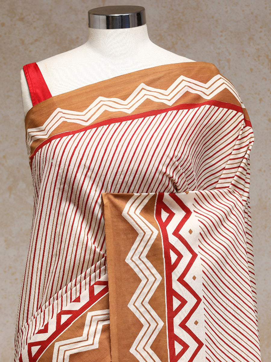 Red & Brown Handblock Printed Diagonal Striped Chevron Mulmul Saree, in White 100% Cotton, made for daily & work (view 3).
