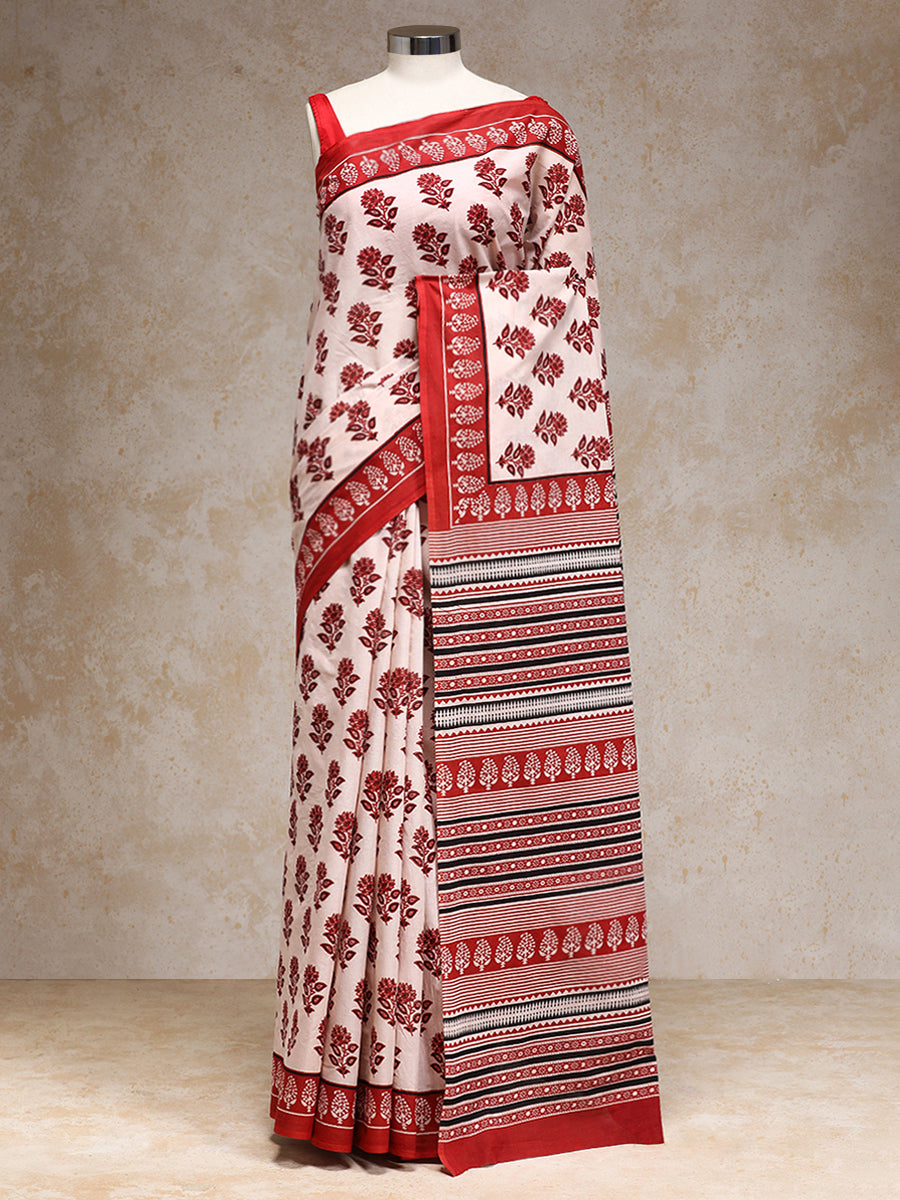 Bright Red & White Handblock Printed Vanspati Mulmul Saree