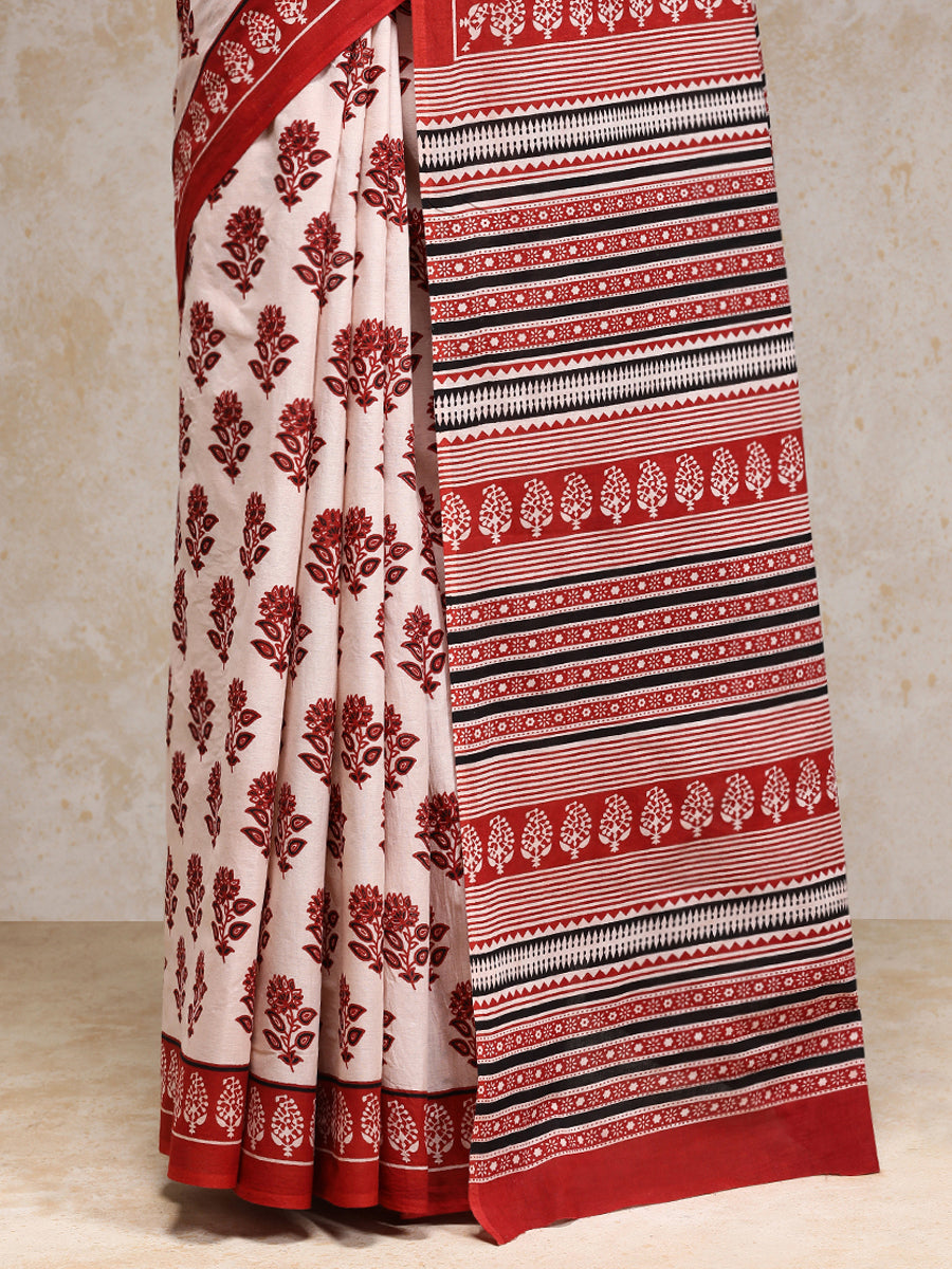 Bright Red & White Handblock Printed Vanspati Mulmul Saree, in White 100% Cotton, made for daily & work (view 4).