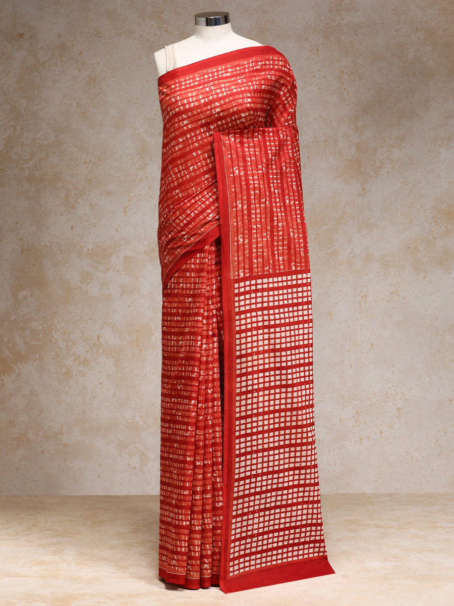 Chili Red Handblock Printed Grid Motif Mulmul Saree, in Red 100% Cotton, made for daily & work.