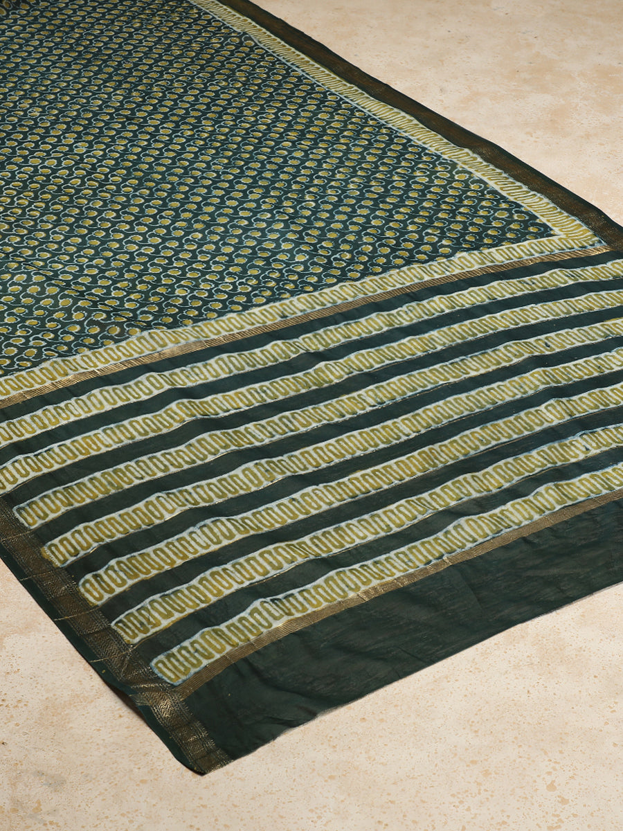 Olive Green Handblock Printed Abstract Dotted Ajrakh Maheshwari Cotton Silk Saree, in Green Maheshwari Cotton Silk (view 2).