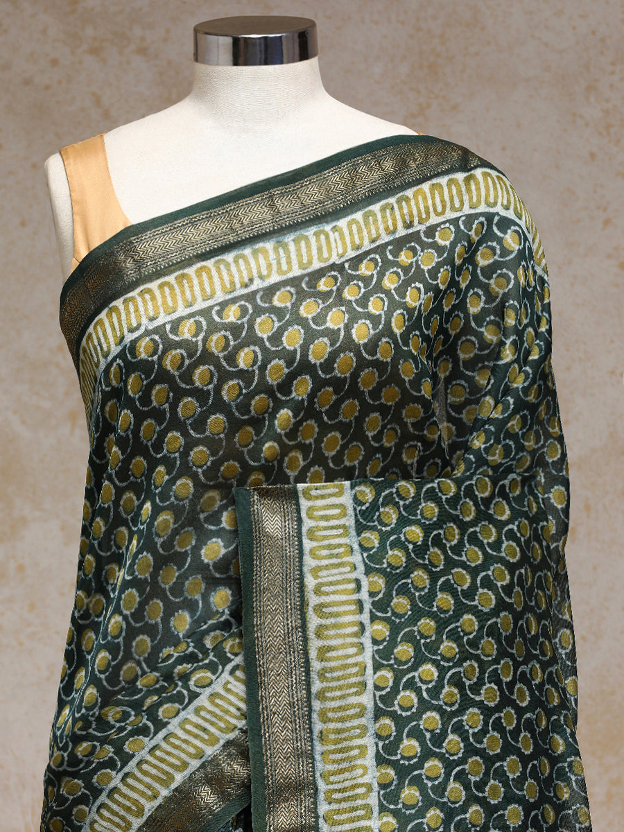 Olive Green Handblock Printed Abstract Dotted Ajrakh Maheshwari Cotton Silk Saree, in Green Maheshwari Cotton Silk (view 3).