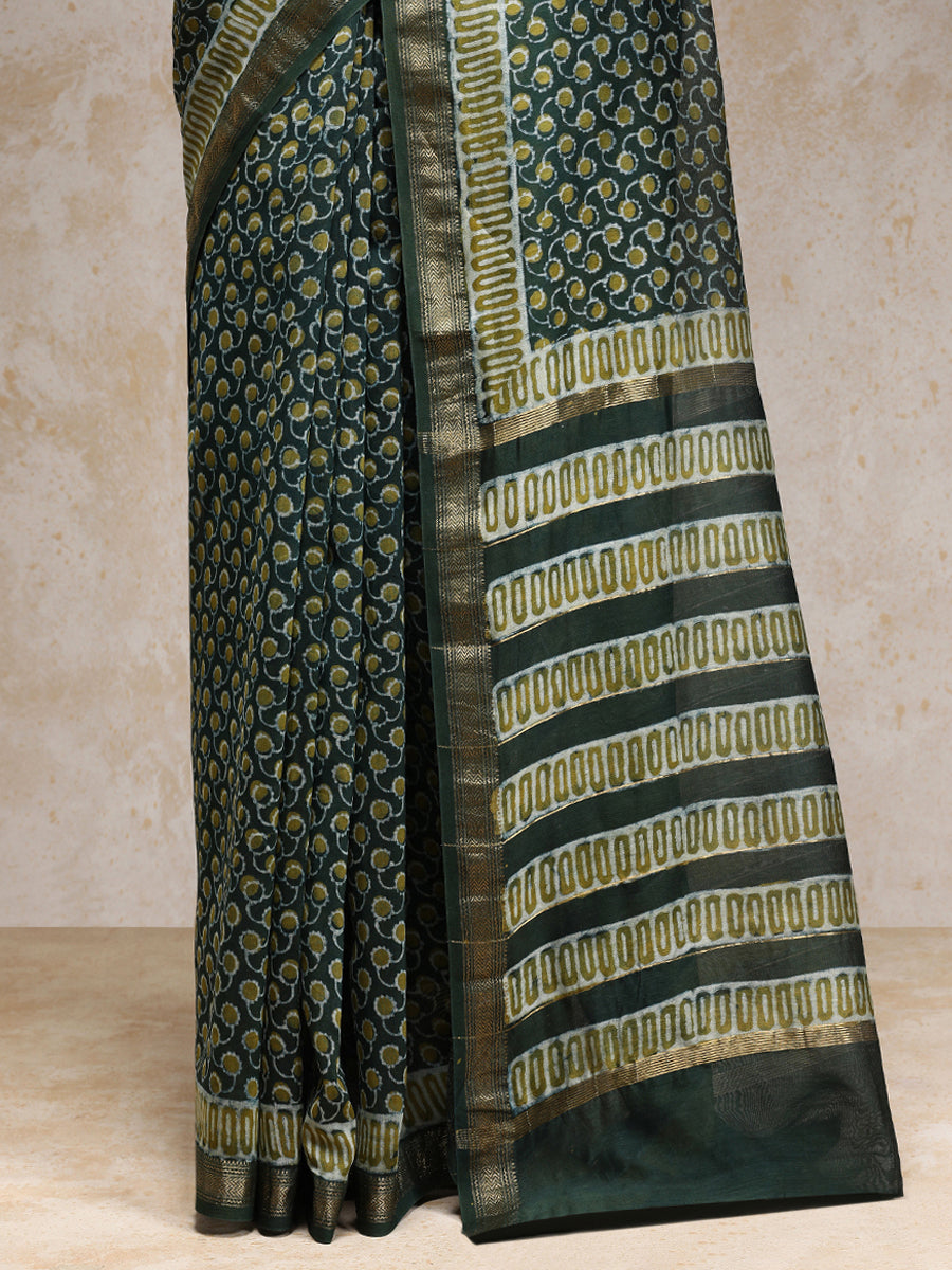 Olive Green Handblock Printed Abstract Dotted Ajrakh Maheshwari Cotton Silk Saree, in Green Maheshwari Cotton Silk (view 4).