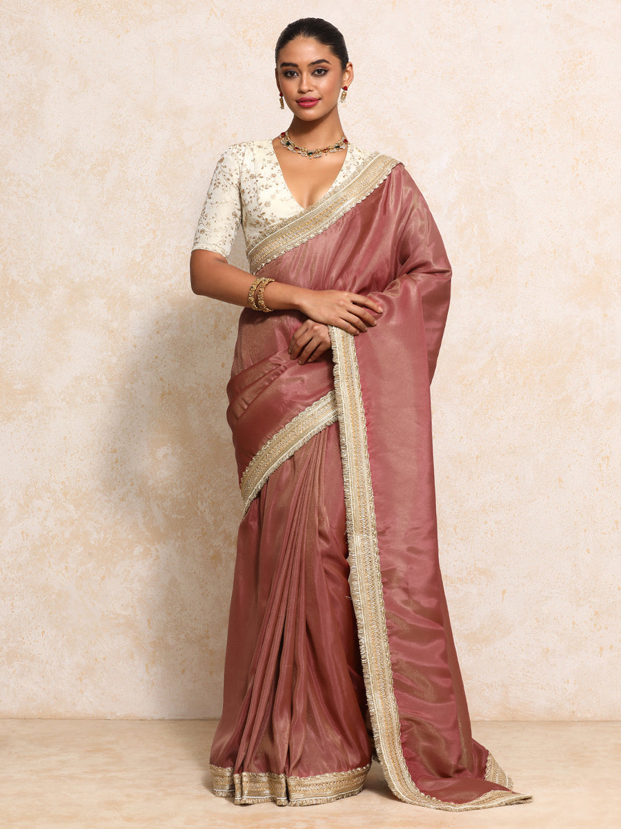 Yamira Marsala Gold Tissue Saree With Ready-to-Wear Option, in Viscose Gold Tissue, made for party & festive.