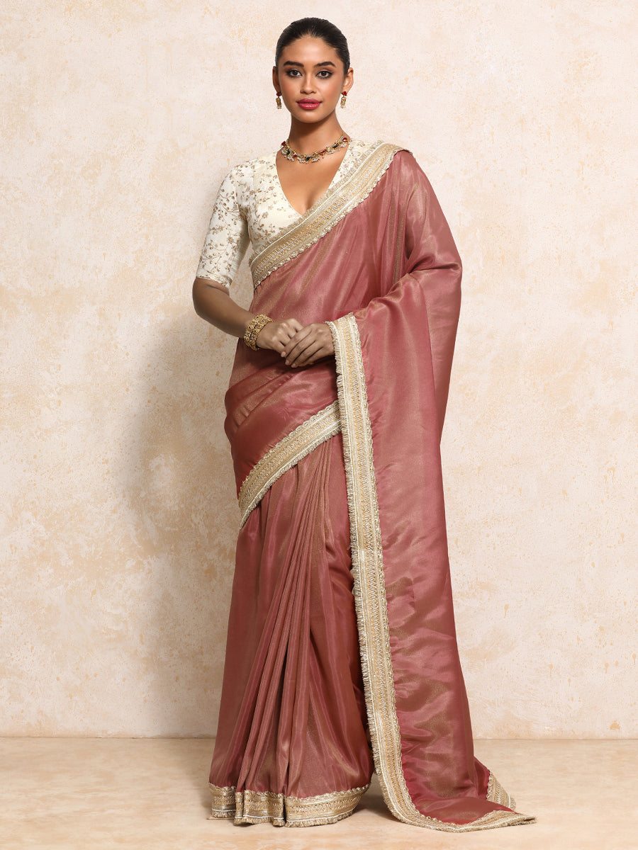 Yamira Marsala Gold Tissue Saree With Ready-to-Wear Option, in Viscose Gold Tissue, made for party & festive (view 6).
