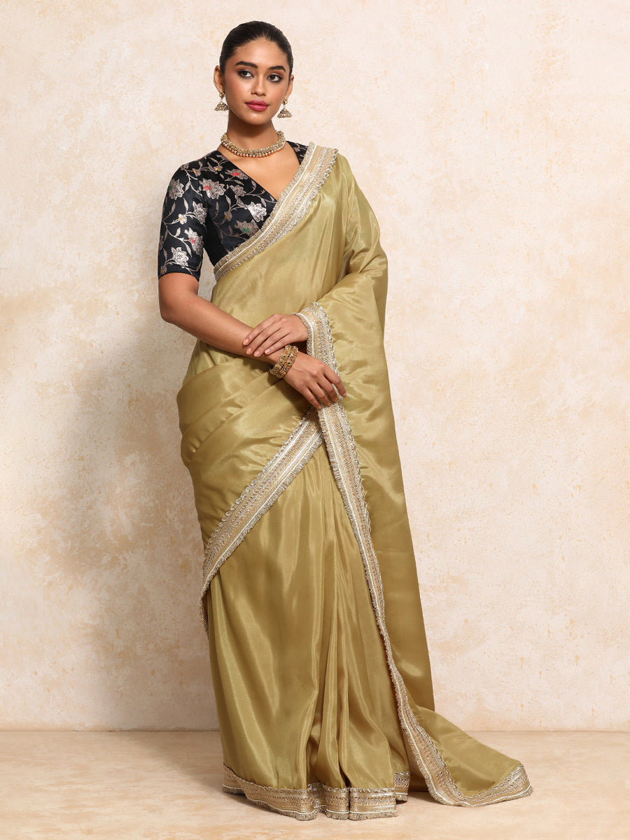 Yamira Mustard Gold Tissue Saree With Ready-to-Wear Option