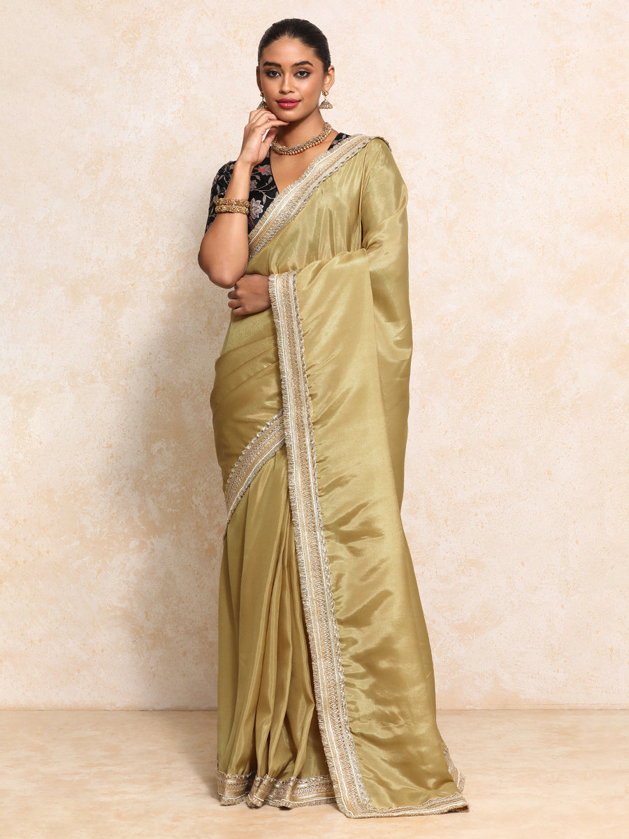 Yamira Mustard Gold Tissue Saree With Ready-to-Wear Option, in Viscose Gold Tissue, made for party & festive (view 6).