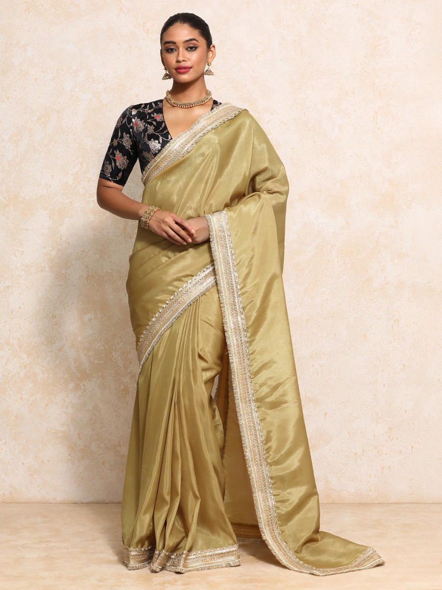 Yamira Mustard Gold Tissue Saree With Ready-to-Wear Option, in Viscose Gold Tissue, made for party & festive (view 7).