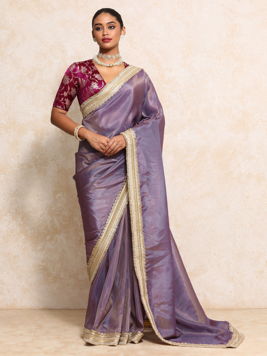 Yamira Purple Gold Tissue Saree With Ready-to-Wear Option, in Viscose Gold Tissue, made for party & festive.