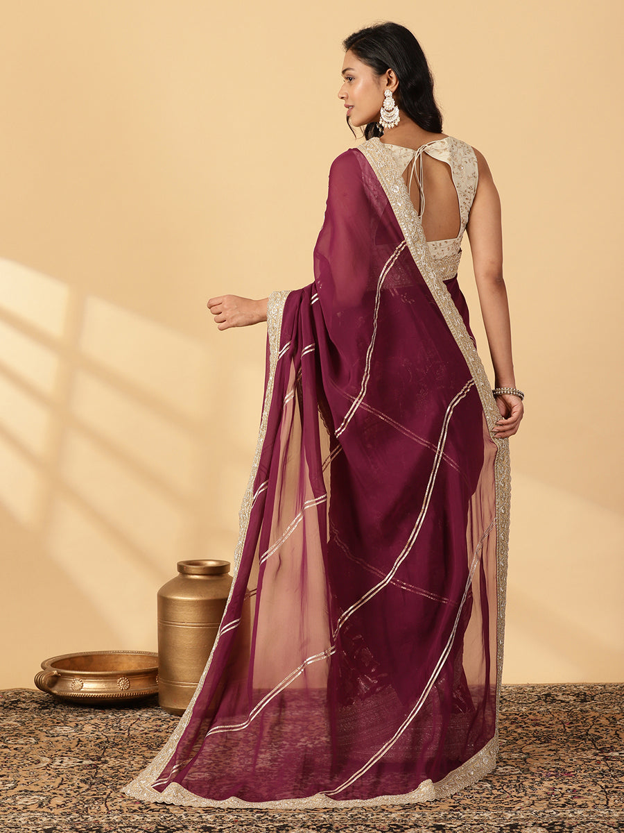 Meenakari Violet Saree With Designer Zari Embroidered Lace, in Purple Meenakari Satin Viscose, made for party & festive.