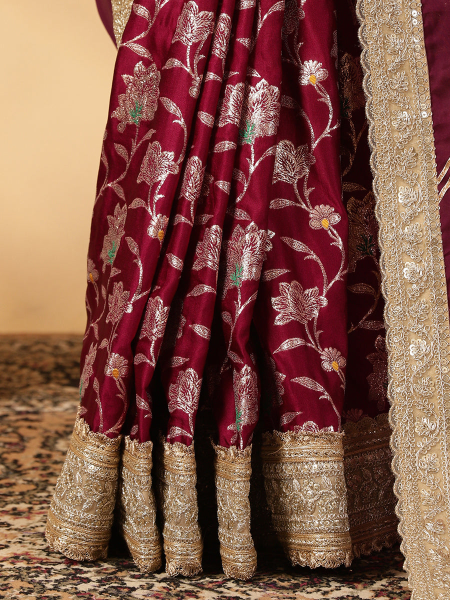 Meenakari Violet Saree With Designer Zari Embroidered Lace, in Purple Meenakari Satin Viscose, made for party & festive.