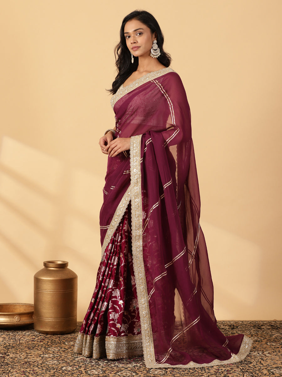Meenakari Violet Saree With Designer Zari Embroidered Lace, in Purple Meenakari Satin Viscose, made for party & festive.