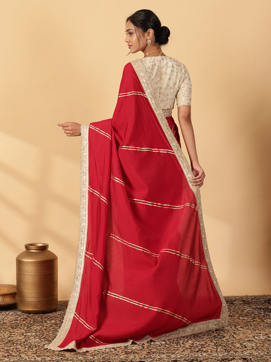 Meenakari Scarlet Red Saree With Designer Zari Embroidered Lace, in Red Meenakari Satin Viscose, made for party & festive.