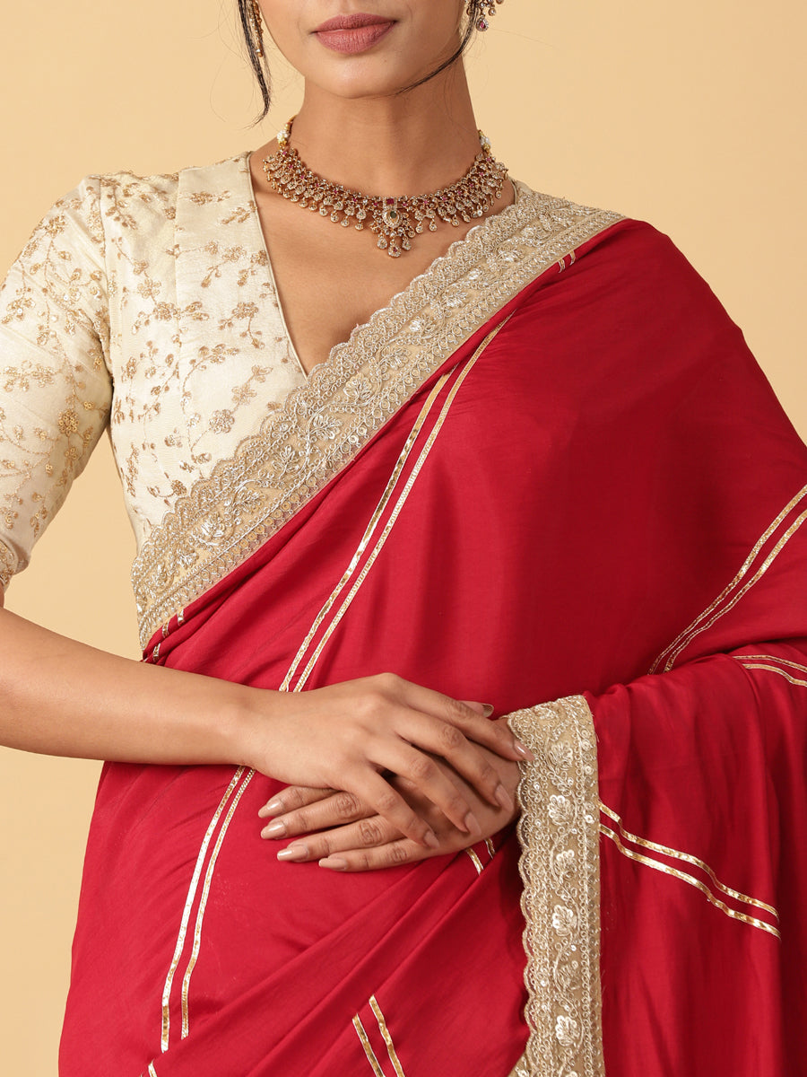 Meenakari Scarlet Red Saree With Designer Zari Embroidered Lace, in Red Meenakari Satin Viscose, made for party & festive.