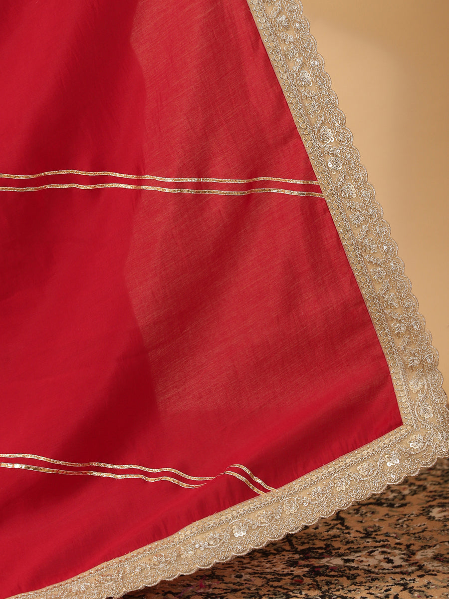 Meenakari Scarlet Red Saree With Designer Zari Embroidered Lace, in Red Meenakari Satin Viscose, made for party & festive.