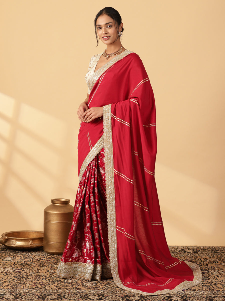 Meenakari Scarlet Red Saree With Designer Zari Embroidered Lace, in Red Meenakari Satin Viscose, made for party & festive.
