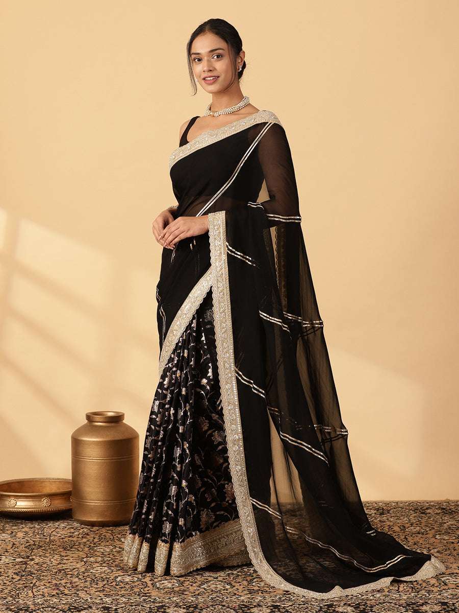Meenakari Black Saree With Designer Zari Embroidered Lace, in Black Meenakari Satin Viscose, made for party & festive.