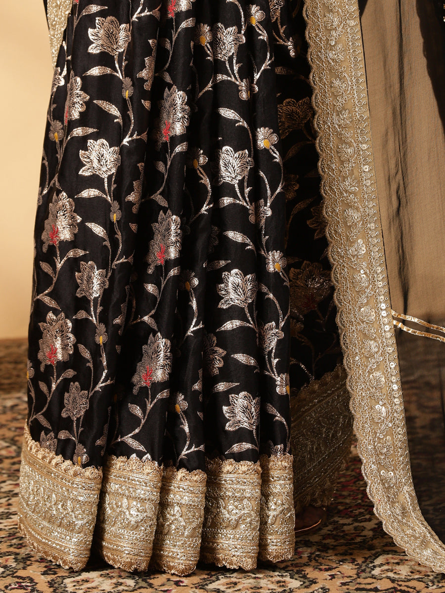 Meenakari Black Saree With Designer Zari Embroidered Lace, in Black Meenakari Satin Viscose, made for party & festive (view 4).