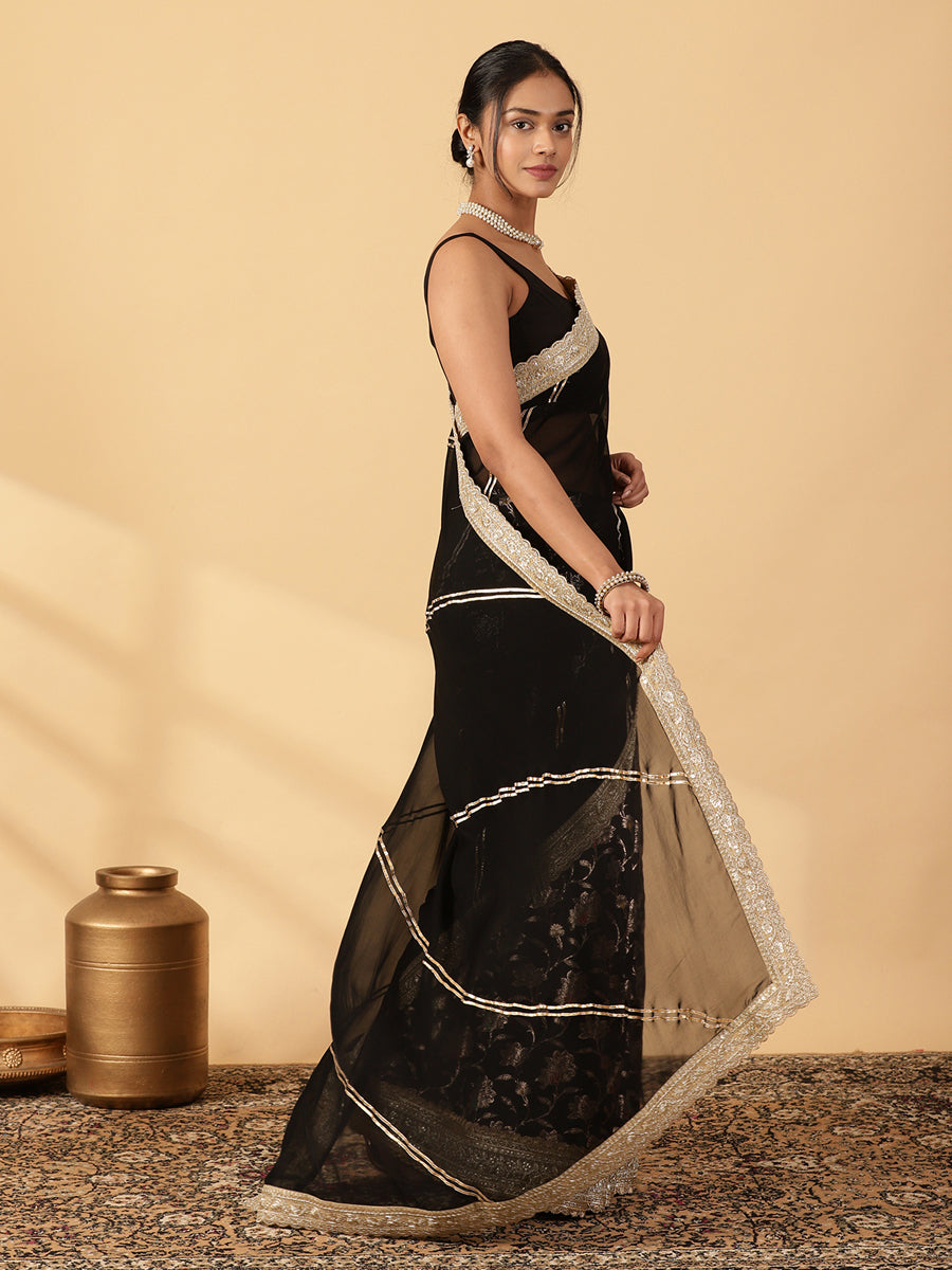 Meenakari Black Saree With Designer Zari Embroidered Lace, in Black Meenakari Satin Viscose, made for party & festive (view 6).