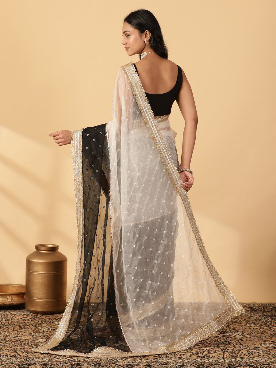White & Black Organza Sequin Butta Saree With Designer Embroidered Lace, in White Sequin Organza, made for party & festive.