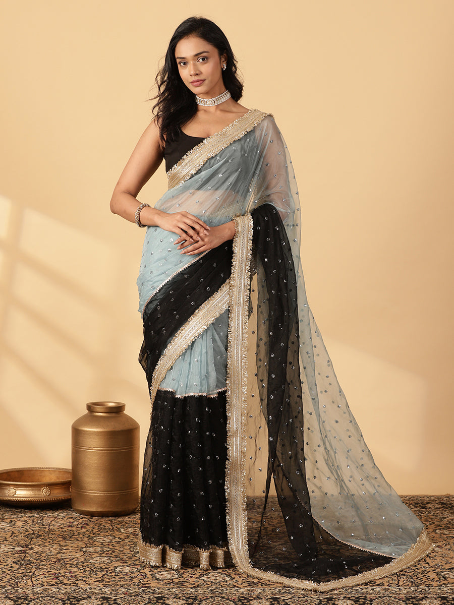 Blue & Black Organza Sequin Butta Saree With Designer Embroidered Lace, in Blue Sequin Organza, made for party & festive.