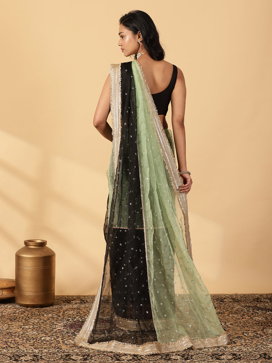 Mint Green & Black Organza Sequin Butta Saree With Designer Embroidered Lace, in Green Sequin Organza (view 2).