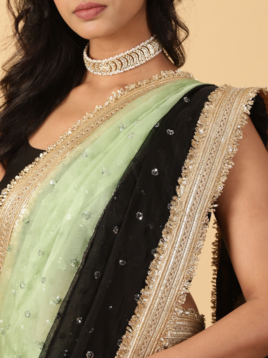 Mint Green & Black Organza Sequin Butta Saree With Designer Embroidered Lace, in Green Sequin Organza (view 3).