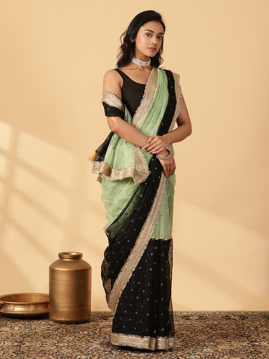 Mint Green & Black Organza Sequin Butta Saree With Designer Embroidered Lace, in Green Sequin Organza (view 6).