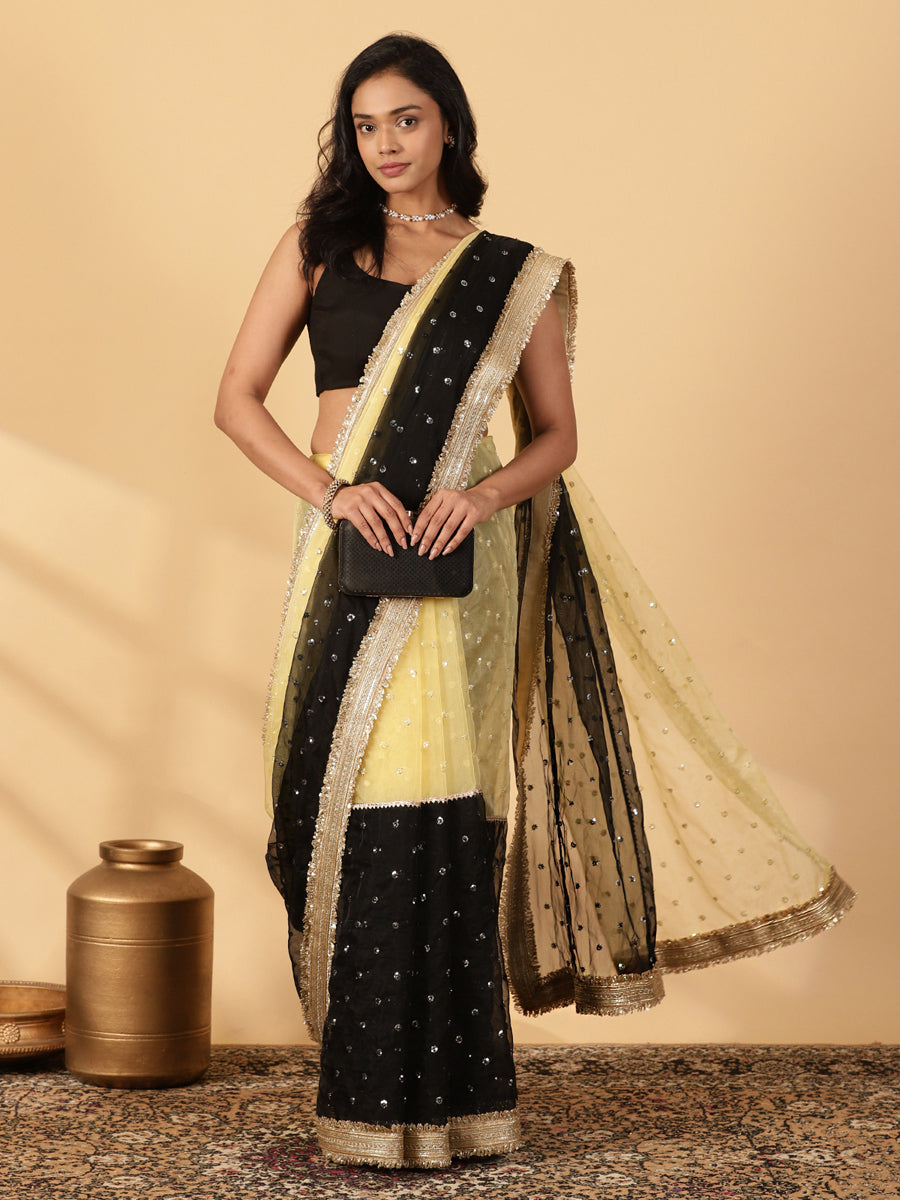 Light Yellow & Black Organza Sequin Butta Saree With Designer Embroidered Lace, in Yellow Sequin Organza.