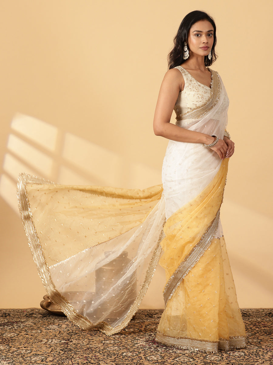 Bright Yellow & White Organza Sequin Butta Saree With Designer Embroidered Lace, in Yellow Sequin Organza.
