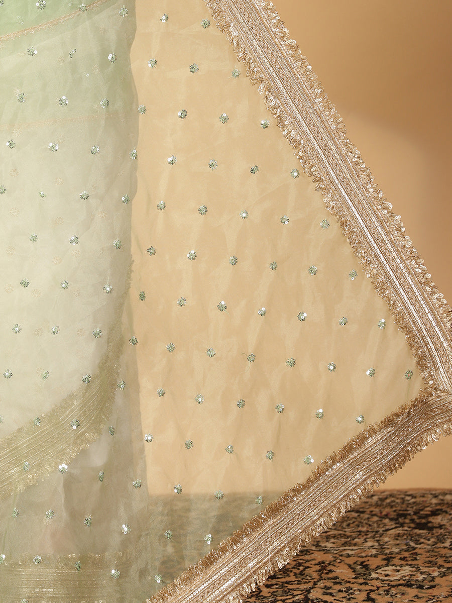 Green & Oyster White Organza Sequin Butta Saree With Designer Embroidered Lace, in Green Sequin Organza (view 5).