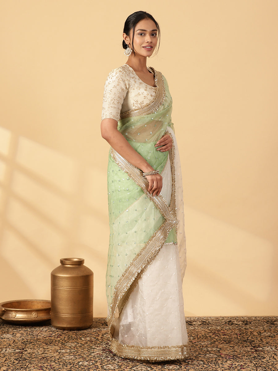 Green & Oyster White Organza Sequin Butta Saree With Designer Embroidered Lace, in Green Sequin Organza (view 6).