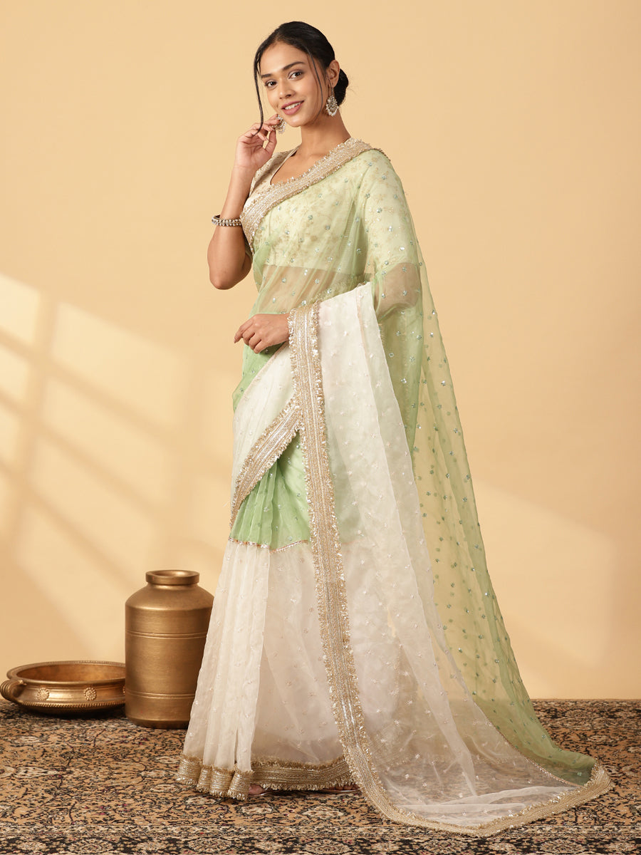Green & Oyster White Organza Sequin Butta Saree With Designer Embroidered Lace, in Green Sequin Organza (view 7).