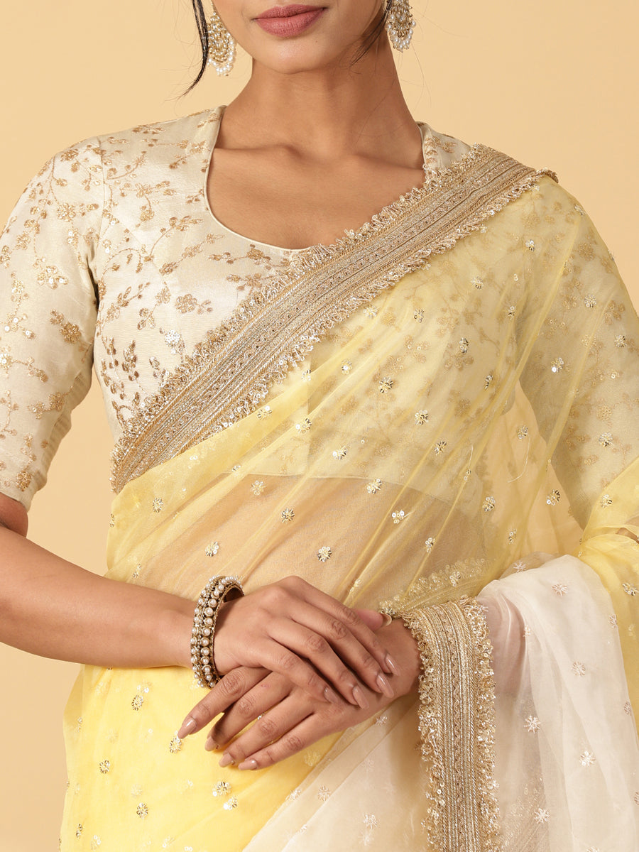 Light Yellow & Oyster White Organza Sequin Butta Saree With Designer Embroidered Lace, in Yellow Sequin Organza (view 3).
