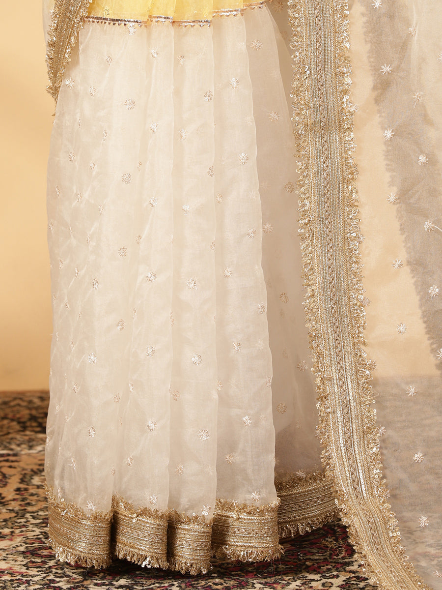 Light Yellow & Oyster White Organza Sequin Butta Saree With Designer Embroidered Lace, in Yellow Sequin Organza (view 4).