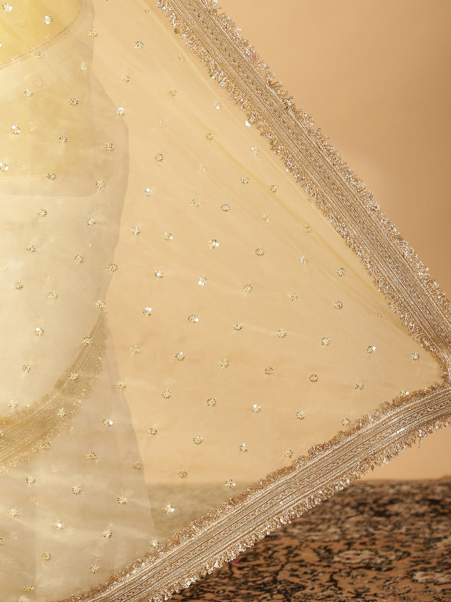 Light Yellow & Oyster White Organza Sequin Butta Saree With Designer Embroidered Lace, in Yellow Sequin Organza (view 5).