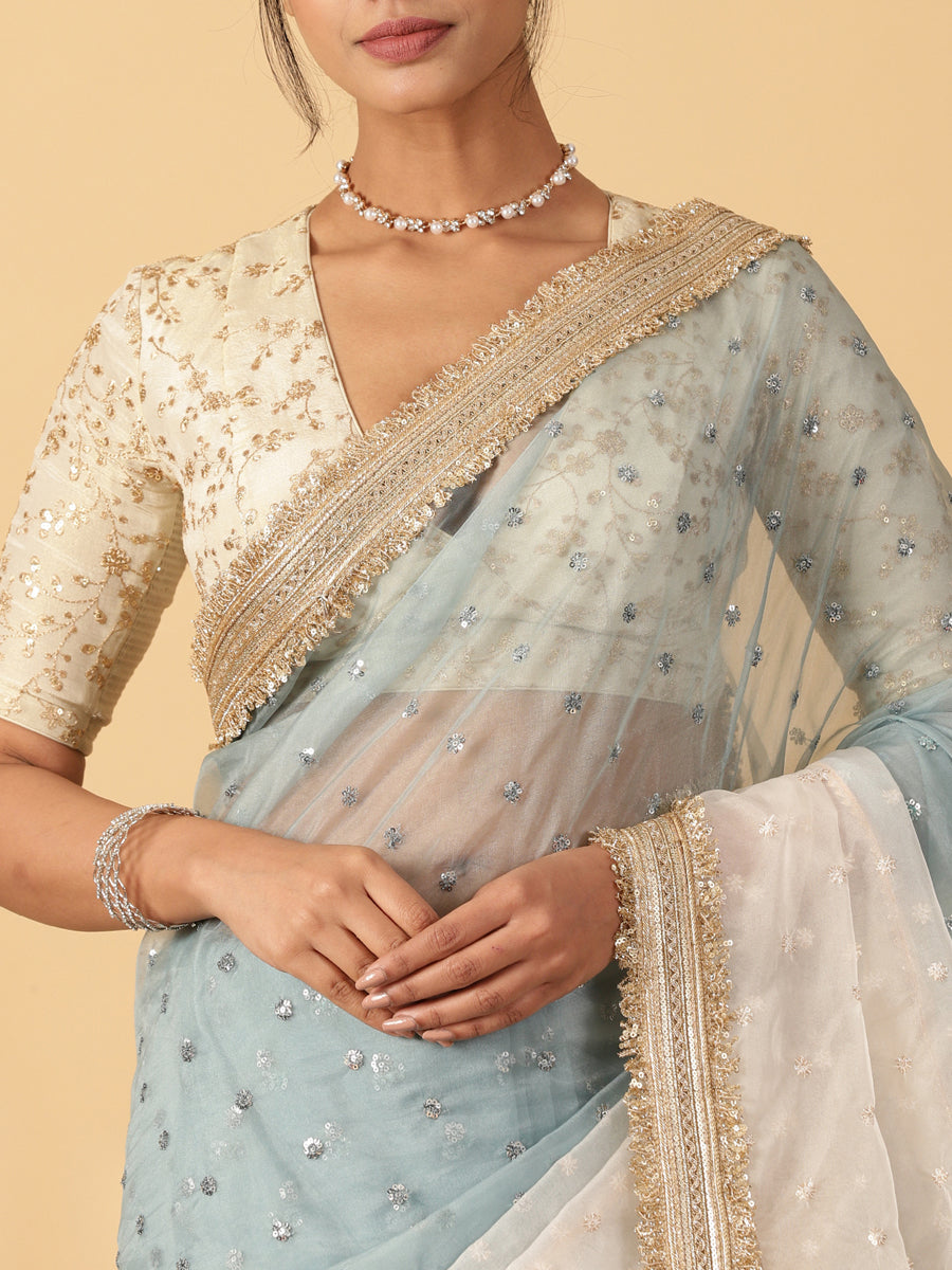 Mint Blue & Oyster White Organza Sequin Butta Saree With Designer Embroidered Lace, in Blue Sequin Organza (view 4).