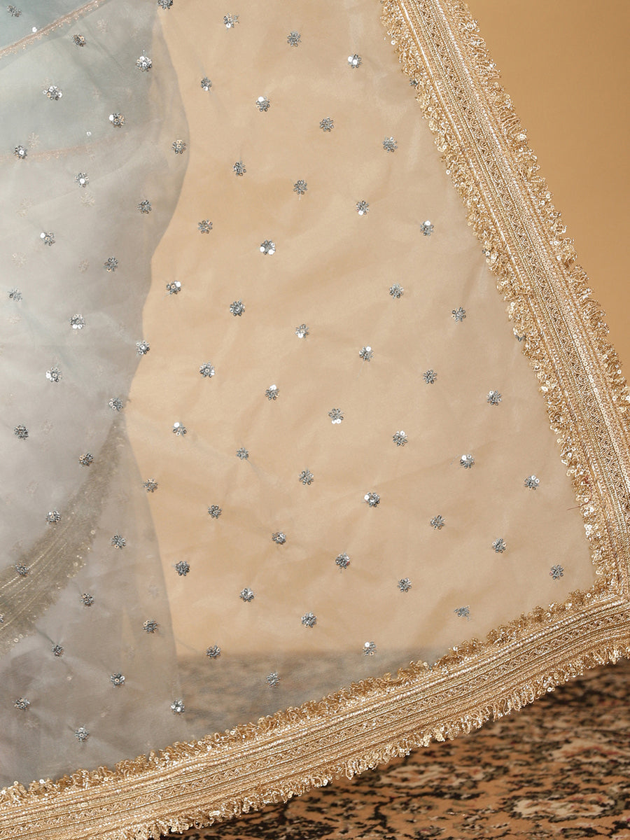 Mint Blue & Oyster White Organza Sequin Butta Saree With Designer Embroidered Lace, in Blue Sequin Organza (view 6).